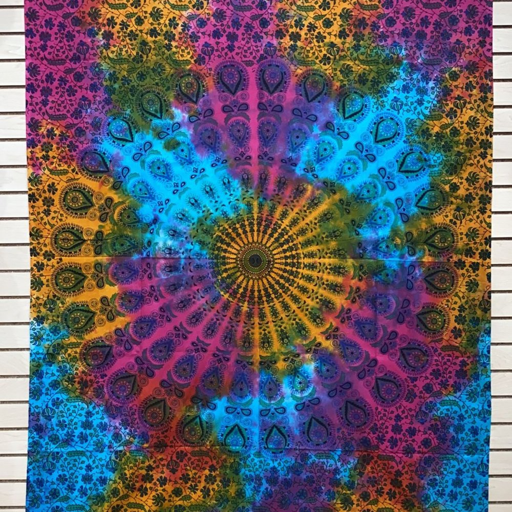 Tie-Dye Peacock Feather Mandala Tapestry
